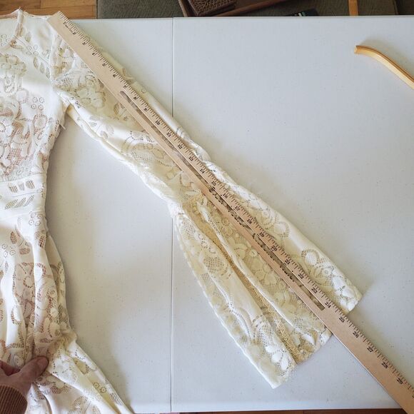 Free People Lovers Folk Song Lace Fit Flare Dress Ivory Bell Sleeve Boho Cottage - Picture 13 of 16